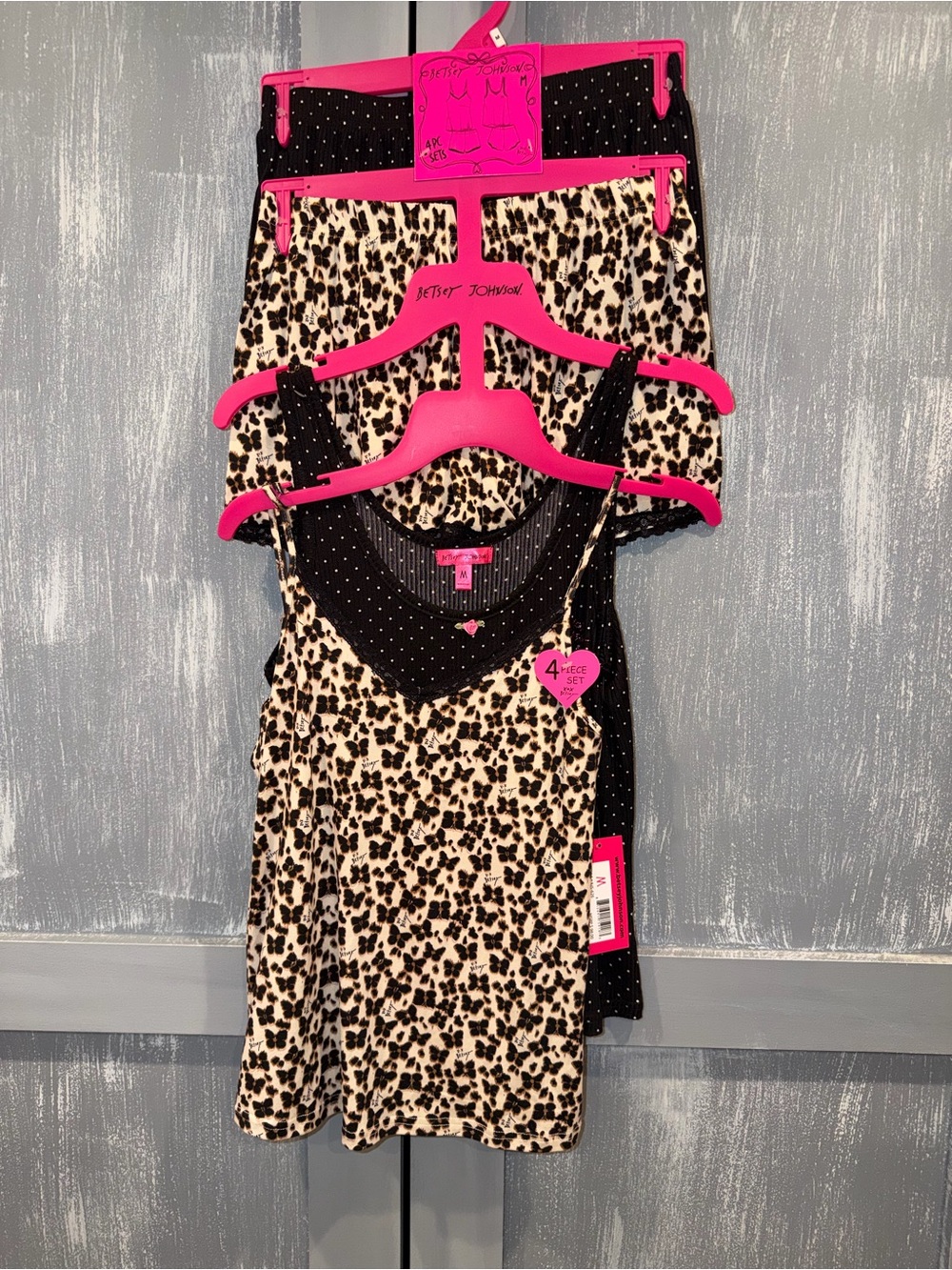 Betsey Johnson Leopard & Polka Dot 4-Piece Pajama Set M NWT